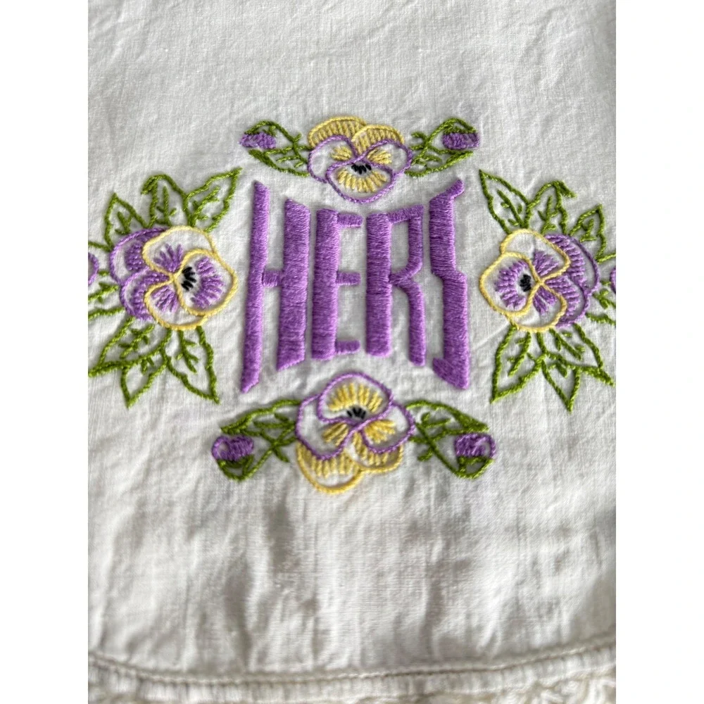 Vintage His and Hers Pillowcase Set Embroidered Floral Pansy Crochet‎ Trim White